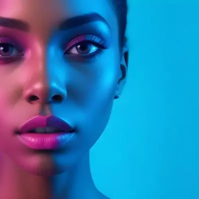 A Close Up Portrait Of A Young Woman With Dark Skin Full Lips And Dramatic Eye Makeup In Shades Of Blue And Pink In A Background Of A Vibrant Blue Color 52 7858