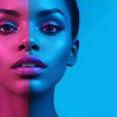 A Close Up Portrait Of A Young Woman With Dark Skin Full Lips And Dramatic Eye Makeup In Shades Of Blue And Pink In A Background Of A Vibrant Blue Color 54 9b79