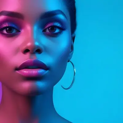 A Close Up Portrait Of A Young Woman With Dark Skin Full Lips And Dramatic Eye Makeup In Shades Of Blue And Pink In A Background Of A Vibrant Blue Color 55 Da74