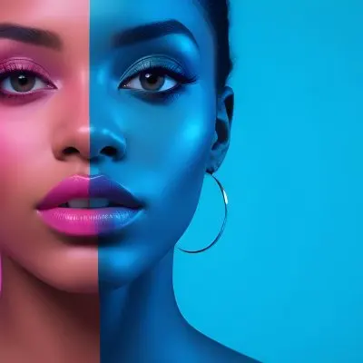 A Close Up Portrait Of A Young Woman With Dark Skin Full Lips And Dramatic Eye Makeup In Shades Of Blue And Pink In A Background Of A Vibrant Blue Color 56 7d89