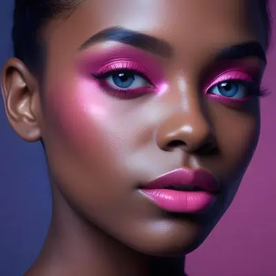A Close Up Portrait Of A Young Woman With Dark Skin Full Lips And Dramatic Eye Makeup In Shades Of Blue And Pink In A Background Of A Vibrant Blue Color 57 9d1f