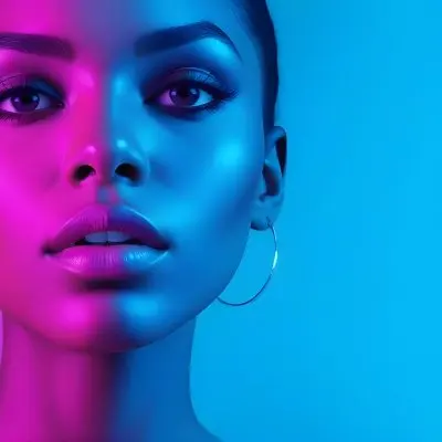 A Close Up Portrait Of A Young Woman With Dark Skin Full Lips And Dramatic Eye Makeup In Shades Of Blue And Pink In A Background Of A Vibrant Blue Color 58 3bd9