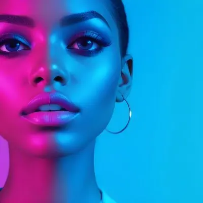 A Close Up Portrait Of A Young Woman With Dark Skin Full Lips And Dramatic Eye Makeup In Shades Of Blue And Pink In A Background Of A Vibrant Blue Color 59 0888