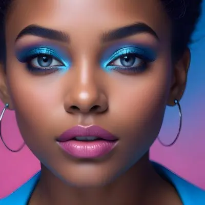 A Close Up Portrait Of A Young Woman With Dark Skin Full Lips And Dramatic Eye Makeup In Shades Of Blue And Pink In A Background Of A Vibrant Blue Color 6 1a99