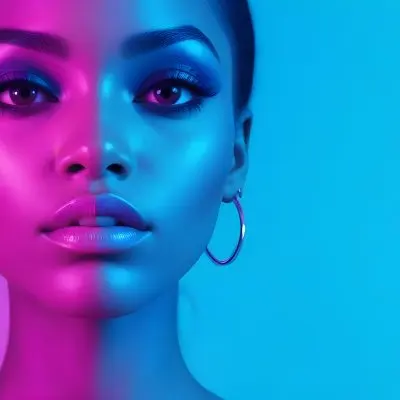 A Close Up Portrait Of A Young Woman With Dark Skin Full Lips And Dramatic Eye Makeup In Shades Of Blue And Pink In A Background Of A Vibrant Blue Color 61 0dc3
