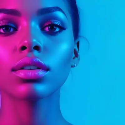 A Close Up Portrait Of A Young Woman With Dark Skin Full Lips And Dramatic Eye Makeup In Shades Of Blue And Pink In A Background Of A Vibrant Blue Color 63 0470