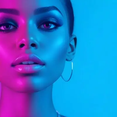 A Close Up Portrait Of A Young Woman With Dark Skin Full Lips And Dramatic Eye Makeup In Shades Of Blue And Pink In A Background Of A Vibrant Blue Color 64 Caee