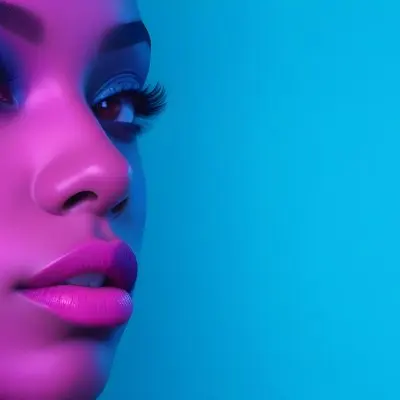 A Close Up Portrait Of A Young Woman With Dark Skin Full Lips And Dramatic Eye Makeup In Shades Of Blue And Pink In A Background Of A Vibrant Blue Color 8 C4b2
