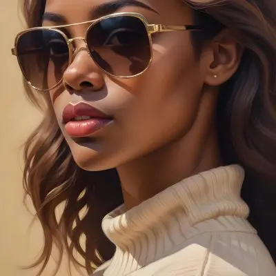 A Close Up Portrait Of A Young Woman With Dark Skin Full Lips And Large Sunglasses With A Distinctive Frame She Is Wearing A Beige Sweater And Appears To Be Looking Off To The Side 1 Ea3b