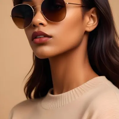 A Close Up Portrait Of A Young Woman With Dark Skin Full Lips And Large Sunglasses With A Distinctive Frame She Is Wearing A Beige Sweater And Appears To Be Looking Off To The Side 10 20eb