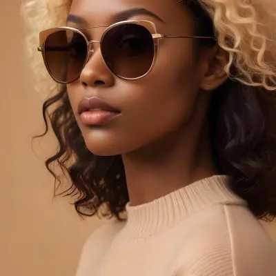A Close Up Portrait Of A Young Woman With Dark Skin Full Lips And Large Sunglasses With A Distinctive Frame She Is Wearing A Beige Sweater And Appears To Be Looking Off To The Side 12 9798