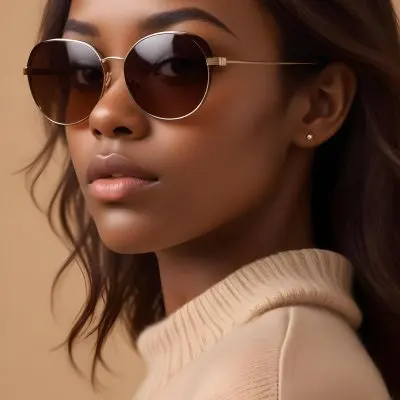 A Close Up Portrait Of A Young Woman With Dark Skin Full Lips And Large Sunglasses With A Distinctive Frame She Is Wearing A Beige Sweater And Appears To Be Looking Off To The Side 13 0a9d