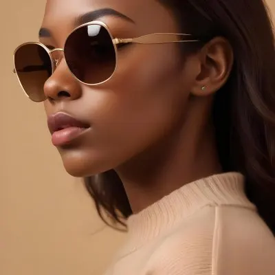 A Close Up Portrait Of A Young Woman With Dark Skin Full Lips And Large Sunglasses With A Distinctive Frame She Is Wearing A Beige Sweater And Appears To Be Looking Off To The Side 17 E362