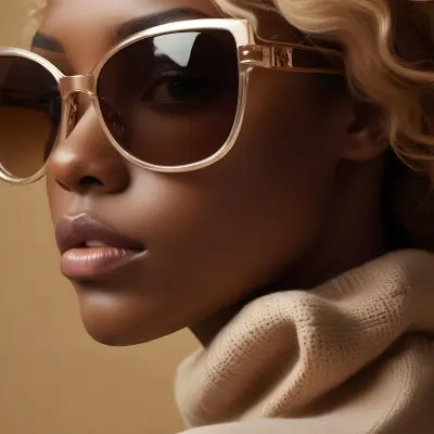 A Close Up Portrait Of A Young Woman With Dark Skin Full Lips And Large Sunglasses With A Distinctive Frame She Is Wearing A Beige Sweater And Appears To Be Looking Off To The Side 18 98ee
