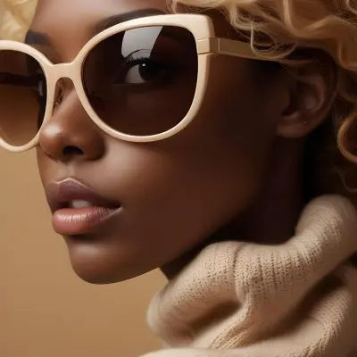 A Close Up Portrait Of A Young Woman With Dark Skin Full Lips And Large Sunglasses With A Distinctive Frame She Is Wearing A Beige Sweater And Appears To Be Looking Off To The Side 19