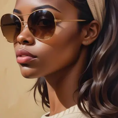 A Close Up Portrait Of A Young Woman With Dark Skin Full Lips And Large Sunglasses With A Distinctive Frame She Is Wearing A Beige Sweater And Appears To Be Looking Off To The Side 2 6f63
