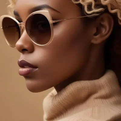 A Close Up Portrait Of A Young Woman With Dark Skin Full Lips And Large Sunglasses With A Distinctive Frame She Is Wearing A Beige Sweater And Appears To Be Looking Off To The Side 21 A10c