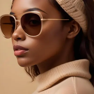 A Close Up Portrait Of A Young Woman With Dark Skin Full Lips And Large Sunglasses With A Distinctive Frame She Is Wearing A Beige Sweater And Appears To Be Looking Off To The Side 22 6507