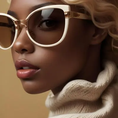 A Close Up Portrait Of A Young Woman With Dark Skin Full Lips And Large Sunglasses With A Distinctive Frame She Is Wearing A Beige Sweater And Appears To Be Looking Off To The Side 24 3c1a