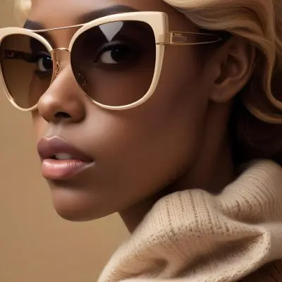 A Close Up Portrait Of A Young Woman With Dark Skin Full Lips And Large Sunglasses With A Distinctive Frame She Is Wearing A Beige Sweater And Appears To Be Looking Off To The Side 26 8e14