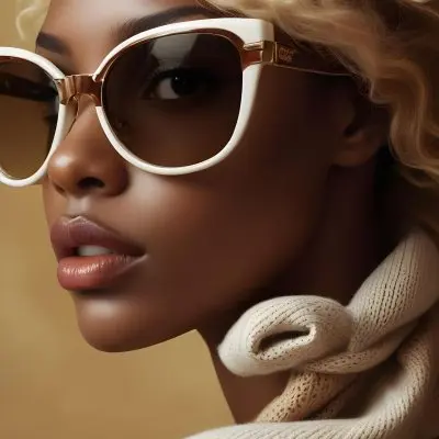 A Close Up Portrait Of A Young Woman With Dark Skin Full Lips And Large Sunglasses With A Distinctive Frame She Is Wearing A Beige Sweater And Appears To Be Looking Off To The Side 27 9460