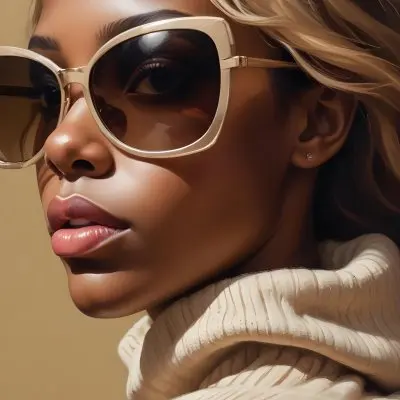 A Close Up Portrait Of A Young Woman With Dark Skin Full Lips And Large Sunglasses With A Distinctive Frame She Is Wearing A Beige Sweater And Appears To Be Looking Off To The Side 3 C7a1