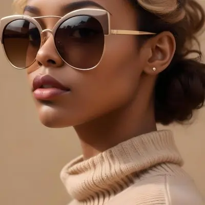 A Close Up Portrait Of A Young Woman With Dark Skin Full Lips And Large Sunglasses With A Distinctive Frame She Is Wearing A Beige Sweater And Appears To Be Looking Off To The Side 32 Cb63