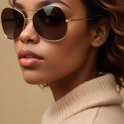 A Close Up Portrait Of A Young Woman With Dark Skin Full Lips And Large Sunglasses With A Distinctive Frame She Is Wearing A Beige Sweater And Appears To Be Looking Off To The Side 35 6419