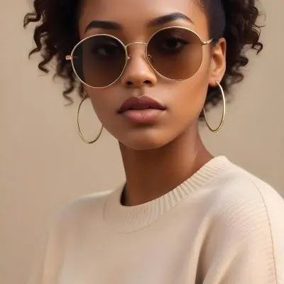 A Close Up Portrait Of A Young Woman With Dark Skin Full Lips And Large Sunglasses With A Distinctive Frame She Is Wearing A Beige Sweater And Appears To Be Looking Off To The Side 36