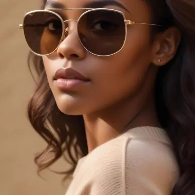 A Close Up Portrait Of A Young Woman With Dark Skin Full Lips And Large Sunglasses With A Distinctive Frame She Is Wearing A Beige Sweater And Appears To Be Looking Off To The Side 37 1619