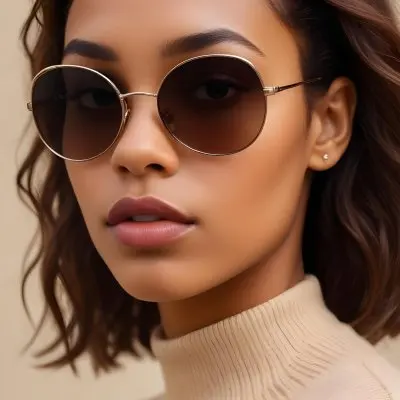 A Close Up Portrait Of A Young Woman With Dark Skin Full Lips And Large Sunglasses With A Distinctive Frame She Is Wearing A Beige Sweater And Appears To Be Looking Off To The Side 38 82be