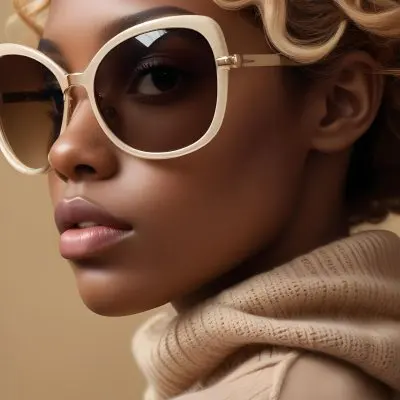 A Close Up Portrait Of A Young Woman With Dark Skin Full Lips And Large Sunglasses With A Distinctive Frame She Is Wearing A Beige Sweater And Appears To Be Looking Off To The Side 39 841d