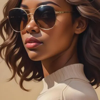 A Close Up Portrait Of A Young Woman With Dark Skin Full Lips And Large Sunglasses With A Distinctive Frame She Is Wearing A Beige Sweater And Appears To Be Looking Off To The Side 4 3d5e