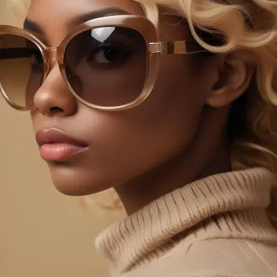 A Close Up Portrait Of A Young Woman With Dark Skin Full Lips And Large Sunglasses With A Distinctive Frame She Is Wearing A Beige Sweater And Appears To Be Looking Off To The Side 40 936f