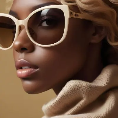 A Close Up Portrait Of A Young Woman With Dark Skin Full Lips And Large Sunglasses With A Distinctive Frame She Is Wearing A Beige Sweater And Appears To Be Looking Off To The Side 42 07c5