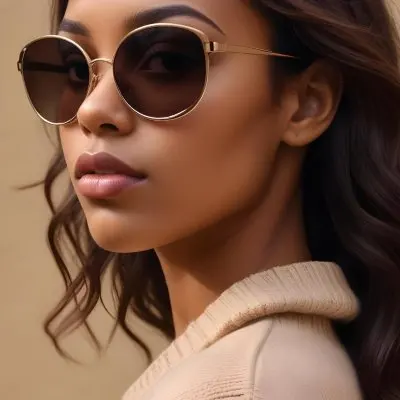 A Close Up Portrait Of A Young Woman With Dark Skin Full Lips And Large Sunglasses With A Distinctive Frame She Is Wearing A Beige Sweater And Appears To Be Looking Off To The Side 43 7cb5