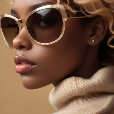 A Close Up Portrait Of A Young Woman With Dark Skin Full Lips And Large Sunglasses With A Distinctive Frame She Is Wearing A Beige Sweater And Appears To Be Looking Off To The Side 45 Ff58