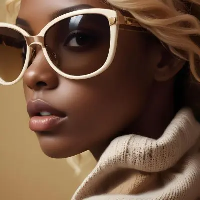 A Close Up Portrait Of A Young Woman With Dark Skin Full Lips And Large Sunglasses With A Distinctive Frame She Is Wearing A Beige Sweater And Appears To Be Looking Off To The Side 47 Fa1a