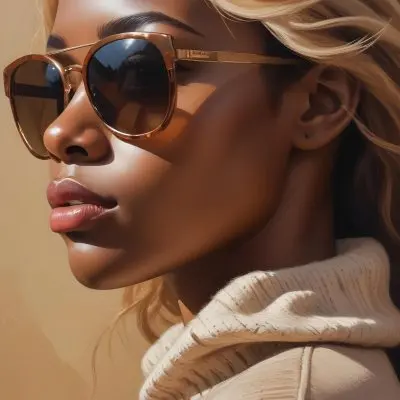 A Close Up Portrait Of A Young Woman With Dark Skin Full Lips And Large Sunglasses With A Distinctive Frame She Is Wearing A Beige Sweater And Appears To Be Looking Off To The Side 7