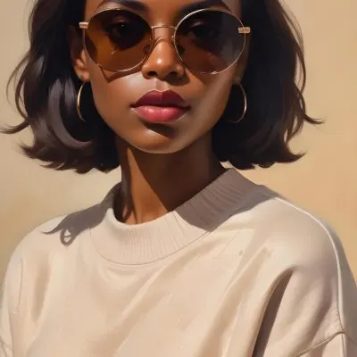 A Close Up Portrait Of A Young Woman With Dark Skin Full Lips And Large Sunglasses With A Distinctive Frame She Is Wearing A Beige Sweater And Appears To Be Looking Off To The Side 8 A06b