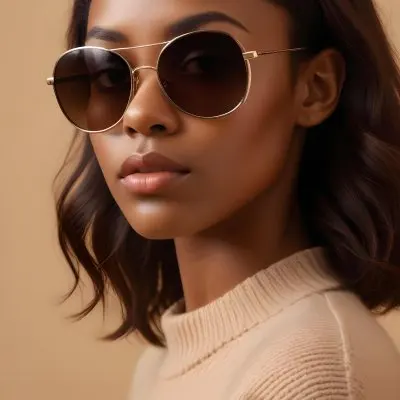 A Close Up Portrait Of A Young Woman With Dark Skin Full Lips And Large Sunglasses With A Distinctive Frame She Is Wearing A Beige Sweater And Appears To Be Looking Off To The Side 9 64aa