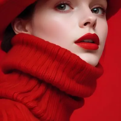 A Close Up Portrait Of A Young Woman With Pale Skin Dark Hair And Bold Red Lips Wearing A Bright Red Turtleneck Sweater Against A Red Background 1 A81a