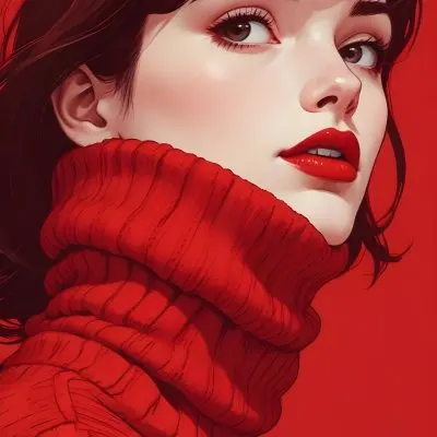A Close Up Portrait Of A Young Woman With Pale Skin Dark Hair And Bold Red Lips Wearing A Bright Red Turtleneck Sweater Against A Red Background 10 4a83