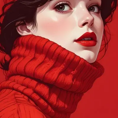 A Close Up Portrait Of A Young Woman With Pale Skin Dark Hair And Bold Red Lips Wearing A Bright Red Turtleneck Sweater Against A Red Background 11 C94f