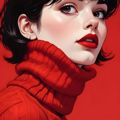 A Close Up Portrait Of A Young Woman With Pale Skin Dark Hair And Bold Red Lips Wearing A Bright Red Turtleneck Sweater Against A Red Background 12 23ad