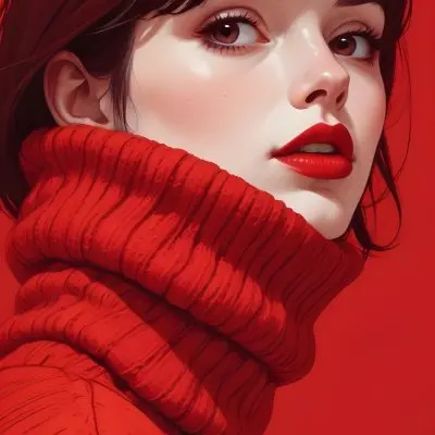 A Close Up Portrait Of A Young Woman With Pale Skin Dark Hair And Bold Red Lips Wearing A Bright Red Turtleneck Sweater Against A Red Background 13 38da
