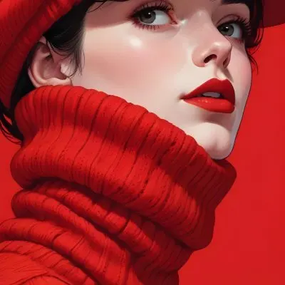 A Close Up Portrait Of A Young Woman With Pale Skin Dark Hair And Bold Red Lips Wearing A Bright Red Turtleneck Sweater Against A Red Background 14 055c