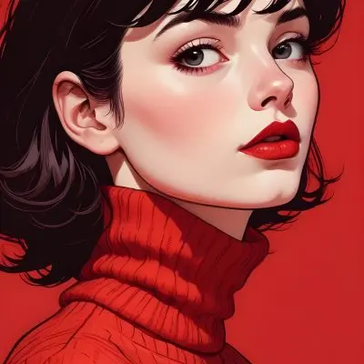 A Close Up Portrait Of A Young Woman With Pale Skin Dark Hair And Bold Red Lips Wearing A Bright Red Turtleneck Sweater Against A Red Background 15 4df9