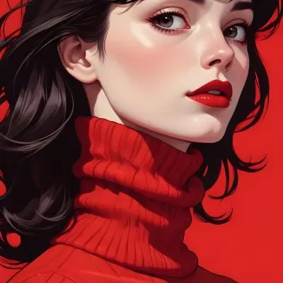 A Close Up Portrait Of A Young Woman With Pale Skin Dark Hair And Bold Red Lips Wearing A Bright Red Turtleneck Sweater Against A Red Background 16 9b8d