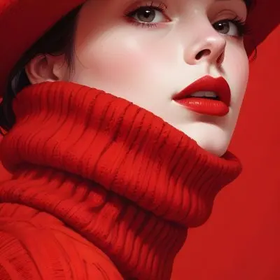 A Close Up Portrait Of A Young Woman With Pale Skin Dark Hair And Bold Red Lips Wearing A Bright Red Turtleneck Sweater Against A Red Background 18 27cb